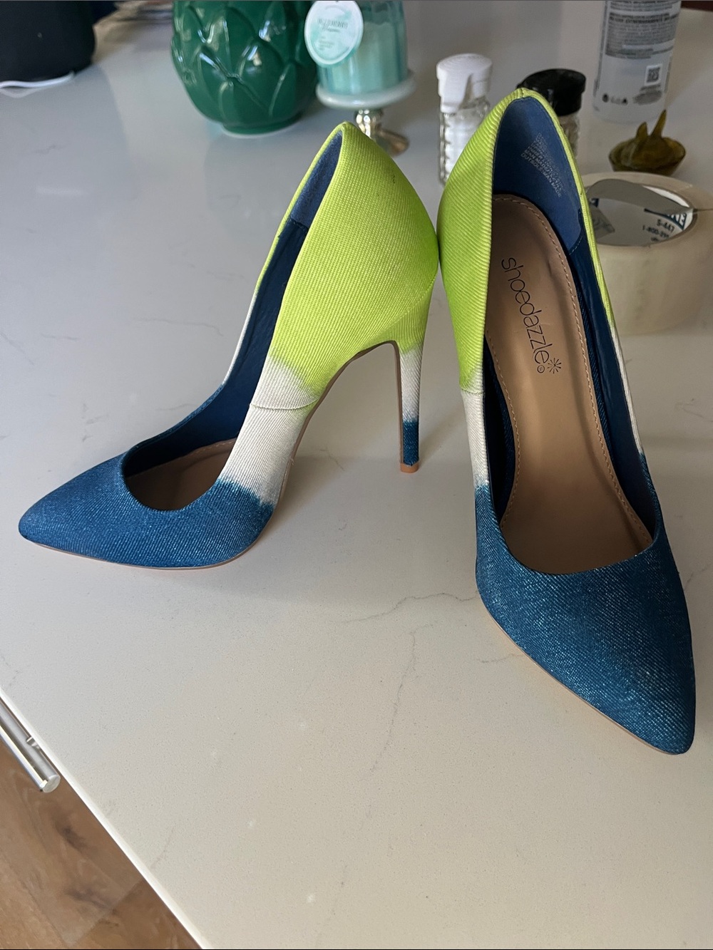 Shoe Dazzle Blue, White & Neon Green Ombre Pointed-Toe Pumps